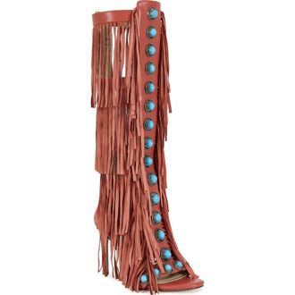 Azalea Wang Amadeo Knee High Fringe Sandal in Red at Nordstrom, Size 6.5
