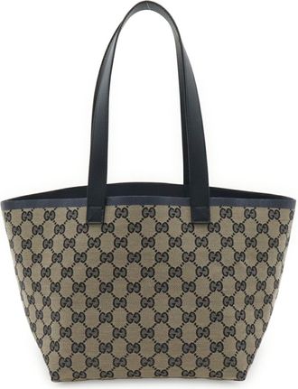 Gucci Beige Navy Canvas Leather Handbag Pouch Shoulder Bag Tote Bag (Pre-Owned)