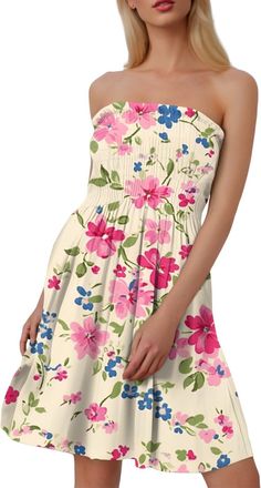 Generic Womens Off-Shoulder Sheering Dress Ladies Summer Dresses Off The Shoulder Sundress Floral Print Bandeau Sheering Sleeveless Mini Dress Boob Tube Pleat