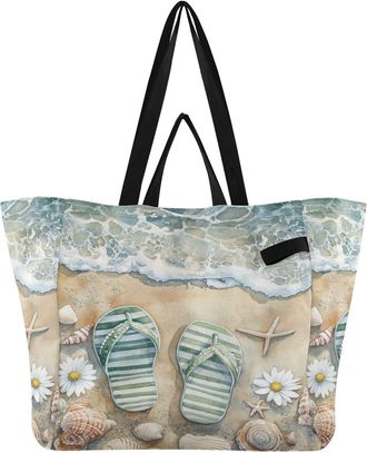 Generic Flipflop Sea Beige pattern Reusable Canvas Tote Bag, Heavy Duty Grocery Shopping Bag with Hard Bottom Large Capacity Double Handles Work Groceries Tra