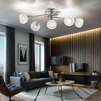 Globo Lighting Lampada da soffitto in vetro bianco faretto 5 lampadine lampada da soggiorno, nichel opaco, attacchi E14, LxLxH 62,4x37,1x21,1 cm