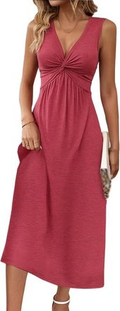 Generic Womens V Neck Front Knotted Dresses Elegant A Line Sleeveless Dresses, Twist Front V Neck Ruffle Sleeveless Dress for Women (Red,XL)