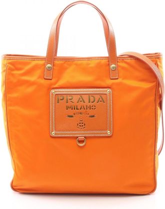Prada Orange Nylon Leather Handbag Tote Bag (Pre-Owned)