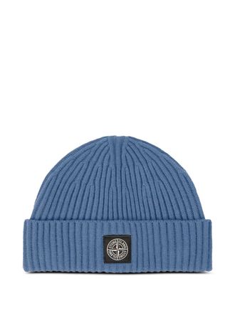Stone Island ribbed logo-patch beanie hat - Blue