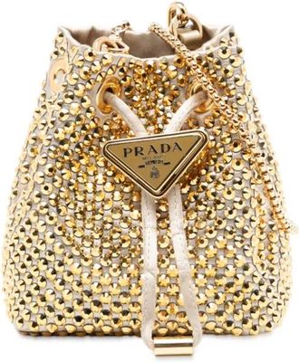Prada 2019-2025 Mini Re Nylon Crystal Embellished Drawstring bucket bag - Oro