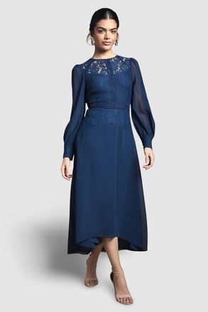 Wallis Lace Insert Chiffon Midi Dress in Navy at Nordstrom, Size 6