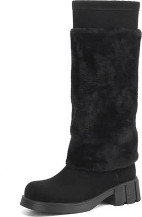 Generic Womens Pull on Long Boots Round Toe Faux Suede Knee High Boots Low Block Heel Western Boot,Black,6.5 UK