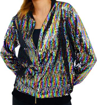 Generic Plus Size Sequin Jackets for Women Full Zip Multi Colour Sparkly Bomber Jackets Casual Lightweight Baseball Jackets Glitter Cardigans for Daily Wear S