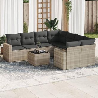 vidaXL Set Muebles Jard&iacute;n 9 Pzas Y Cojines Rat&aacute;n Sint&eacute;tico Gris Claro Vidaxl
