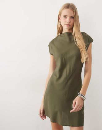 Asos vestito corto camicia smock con collo alto e maniche a campana in kaki scuro-Marrone