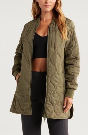 Zella Recycled Polyester Quilted Long Jacket in Olive Night at Nordstrom Rack, Size X-Small