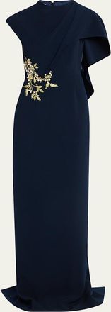 Teri Jon Floral-Embroidered Asymmetric Capelet Gown