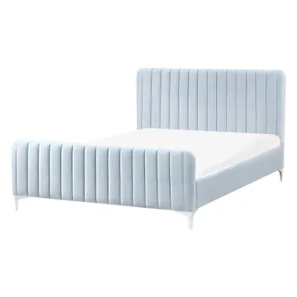 Beliani Cama Con Somier De Terciopelo Con Cabecero Acolchado 140 X 200 Cm Patas De Metal Azul Claro Lunan