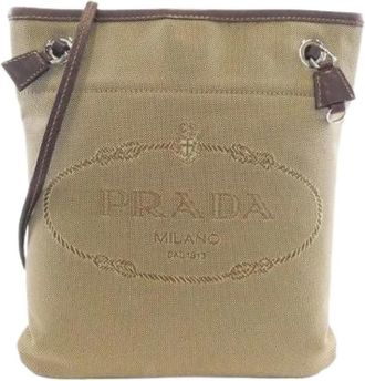 Prada Pre-owned Cross Body Bags, male, Beige, Size: ONE SIZE Pre-owned Logo Jacquard Shoulder Bag