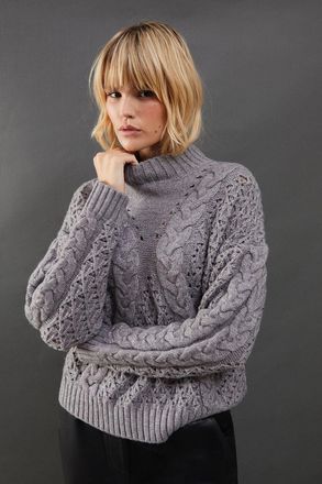Warehouse Womens Chunky Cable Knit Roll Neck Jumper - Grey - Size Medium
