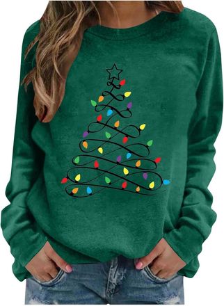 Generic Christmas Jumpers for Women UK Funny Novelty Christmas Tree Print Sweatshirts Fleece Lined Sweaters Oversized Crewneck Jumper Long Sleeve Casual Xmas 