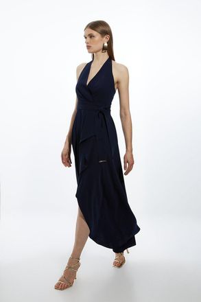 Karen Millen Womens Soft Tailored Waterfall Halter Maxi Dress - Navy - Size 10 UK