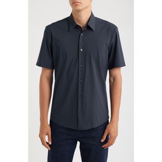 BOSS Liam Geo Print Short Sleeve Stretch Nylon Button-Up Shirt in Dark Blue at Nordstrom, Size Medium