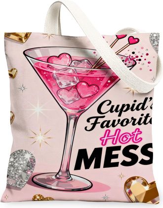 Generic ValentineS Day Heart Pattern Canvas Tote Bags, Stylish Love Themed Reusable Grocery Bags, Lightweight Washable Shoulder St, Peach, 13x15 Inch