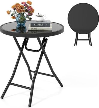 Costway Tavolino da Giardino Pieghevole da 46 cm, Tavolino Rotondo Compatto da Patio, con Piano in Vetro Temperato e Struttura in Metallo, Tavolino