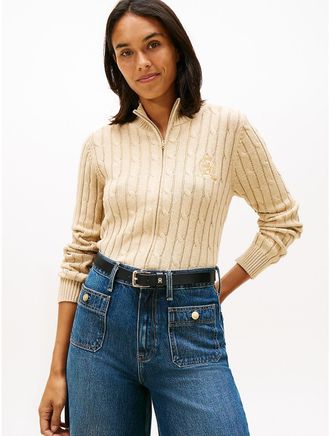 Tommy Hilfiger Womens Crest Logo Cable Knit Zip Cardigan - Beige - XXL