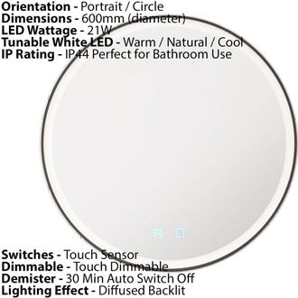 Loops 600mm IP44 MATT BLACK Round LED Bathroom Mirror & Demister Tunable White Border