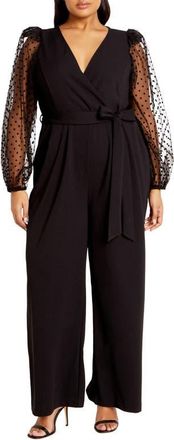City Chic Asher Swiss Dot Sleeve Jumpsuit in Black at Nordstrom