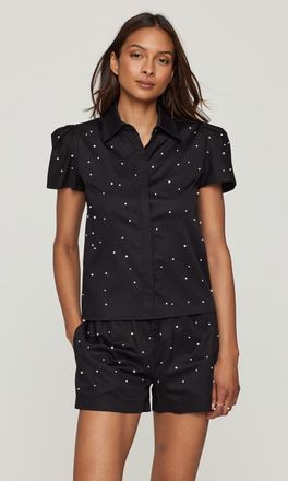 Generation Love Murphy Pearl Embellished Poplin Shirt in Black at Nordstrom, Size Xx-Small Short