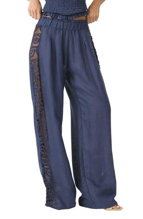 PQ Swim Jace Lace Trim Linen Cover-Up Pants in Navy at Nordstrom, Size X-Small