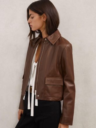 Reiss Mocha Brown Collared Leather Jacket, 12