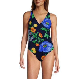 Lands End Tugless V-Neck High Leg One Piece Swimsuit in Navy/exploded Poppy Floral at Nordstrom, Size 18P