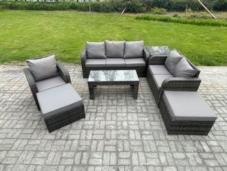 Fimous High Back Rattan Garden Furniture Set w/ Loveseat Sofa Rectangular Coffee Table Side Table 2 Big Footstool Indoor Outdoor Patio Lounge Sofa