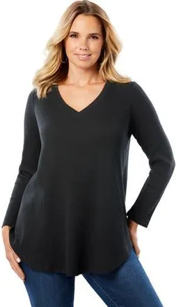 Roaman's Plus Size Knit Thermal V Neck Swing Tunic Long Sleeve in Black at Nordstrom, Size 20