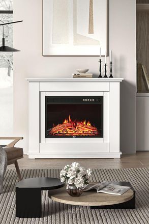 Living and Home Electric Fireplace with White Wooden Mantel