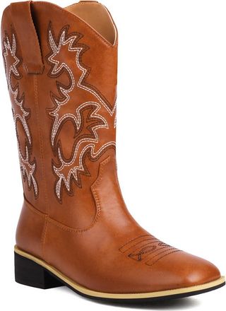 Generic Womens Square Toe PU Leather Mid-Calf Boots Chunky Heel Western Cowboy Boots Pull on Short Boot with Embroidery Stitched,Yellow,6.5 UK