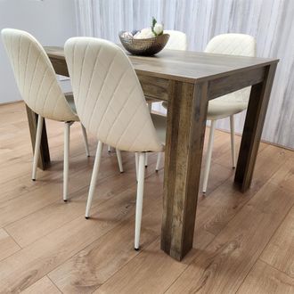 Kosy Koala Rustic Effect Wood Dining Table Set with 4 Cream Gem Pattern Chairs Dining Room Furniture in Brown