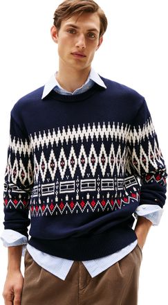 Tommy Hilfiger Mens Fairisle Cotton Crewneck Sweater Lightweight Pullover, Desert Sky/Ivory Petal, L