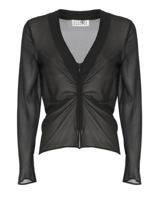 Maison Margiela Black Polyester Sheer Gathered Front Zip Blouse