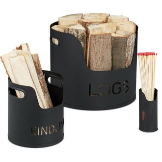 Relaxdays Kit De 3 Cestos Le&ntilde;eros Modernos, Soportes De Le&ntilde;os Y Cerillas, Accesorio Para Chimeneas, 30,5 X 37 Cm, Negro - Relaxdays