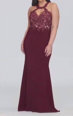 Faviana Lace Halter Jersey Gown In Bordeaux
