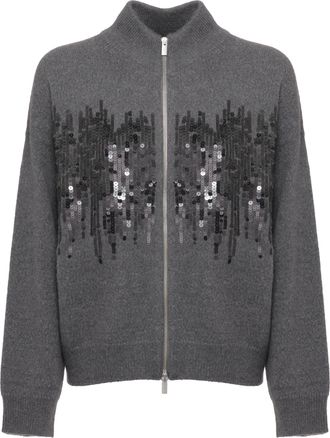 PESERICO Grey Wool Blend Cardigan With Paillettes And High Neck Design