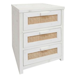 NATYAL Mesita de noche madera rafia natural 3 cajones blanco envejecido 40cm