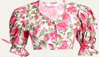 Chlo&eacute; Floral Cotton Puff-Sleeve Button-Front Crop Top