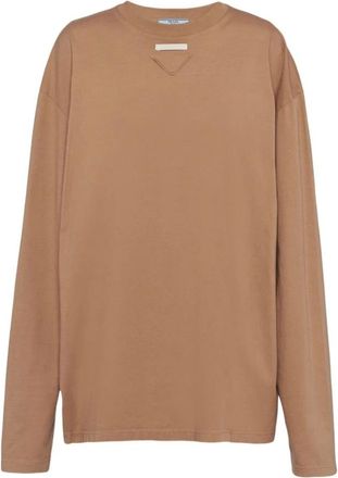 Prada Long Sleeve Tops, female, Brown, Size: M Cotton Patch T-Shirt Women Italy