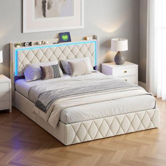 OEM Cama 140x190 Cm, 22ytt, Led Rgb, Usb, Hidr&aacute;ulica, Contempor&aacute;nea, Marco De Cama Doble 140x190 Cm, Terciopelo, Beige