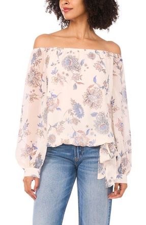 Vince Camuto Floral Off the Shoulder Tie Hem Top in Vanilla Ice at Nordstrom, Size Xx-Small