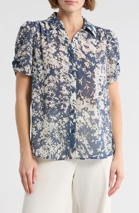 Adrianna Papell Patterned Pinch Sleeve Button-Up Shirt in Dusty Blue Floral at Nordstrom Rack, Size X-Small
