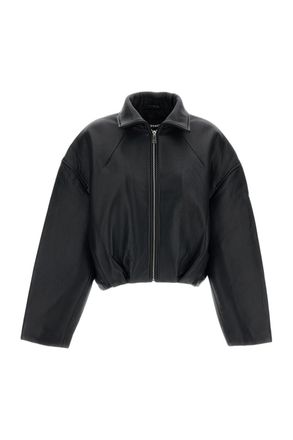 Rotate Black Boxy Cropped Zip Leather Jacket
