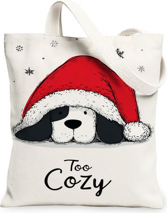 Generic Christmas Dog Canvas Tote Bags, Adorable Animal Design Reusable Grocery Bags, Winter Lightweight Washable Shoulder Strap Ca, White, 13x15 Inch