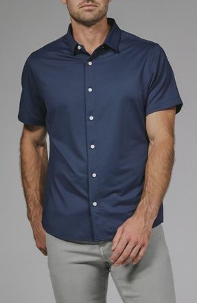 7 Diamonds Owen Solid Short Sleeve Performance Button-Up Shirt in Island Blue at Nordstrom, Size Xx-Large